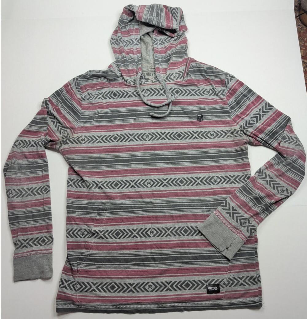 Zoo York Men's Lightweight Hoodie Size Large Striped Aztec Gray Red Black Tribal